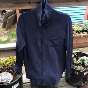 Navy blue, cotton button down, waffle texture Large